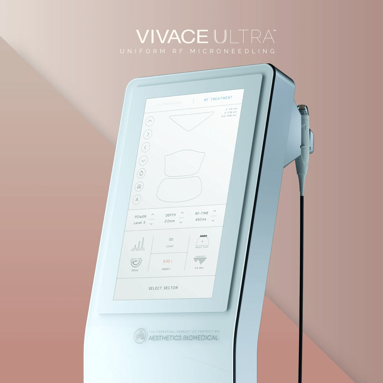 Vivace Ultra ™ uses linear array ultrasound technology to visually map the skin across its large interface